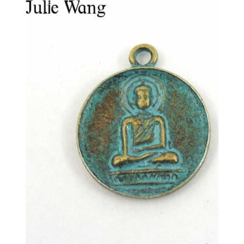 Julie Wang 5-50PCS Round Buddha Charms Swastika Symbol Antique Green Alloy Necklace Bracelet Jewelry Making Finding Accessory