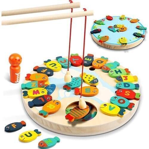 30 PCS Wooden Magnetic Fishing Game Magnetic Alphabet Letters Fishing Toy Montessori Educational Games Kids Toddlers Gifts