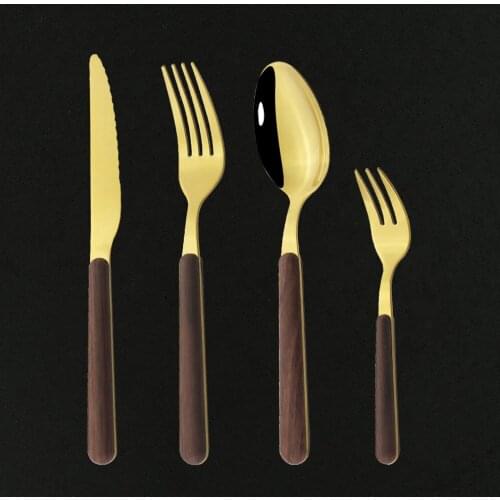 4Pcs Dinner Flatware Knife Cake Fork Spoon With Wood Handle Stainless Steel Cutlery Western Food Gold Tableware Dinnerware Set