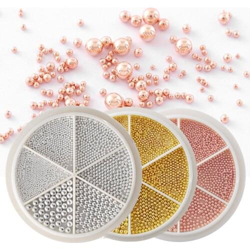 6 Grids Mixed Size Rose Gold Silver Black Nail Art Tiny Steel Caviar Beads 0.8-3mm 3D Design Manicure DIY Nail Art Decoration