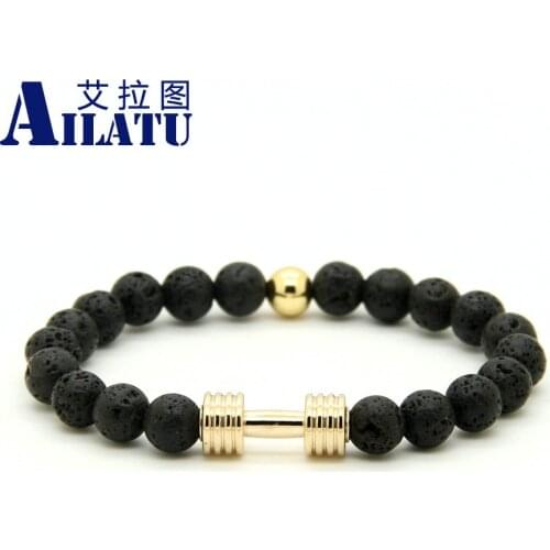 Ailatu Wholesale High Quality Plated Metal New Barbell 8mm Lava Rock Stone Fitness Fashion Dumbbell Bracelets
