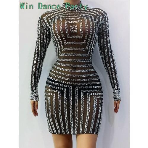 Sparkly Rhinestones Black Mesh Perspective Dress Evening Party Birthday Celebrate See Through Transparent Costume Singer Dance