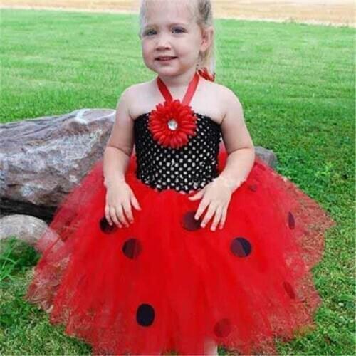 Black Red Dot Ladybug Dress Girl Tutu Dress Flowers Princess Baby Girls Birthday Party Dresses For Kids Halloween Costume