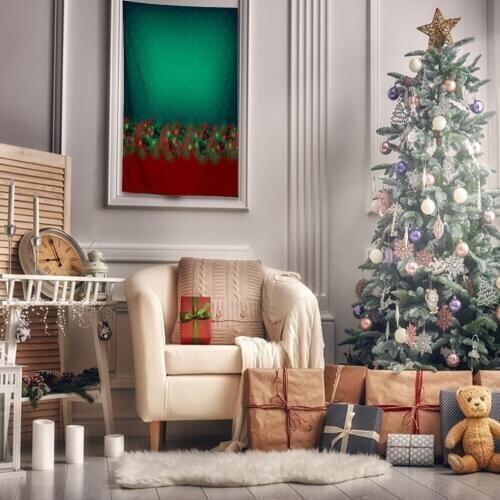 Tapestry Garland With Pine Branches Berries And Ribbons On Polka Dots Background Vintage Style Christmas Decor Art Red Green