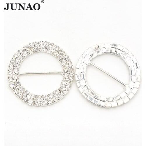 JUNAO 40mm Round Silver Rhinestone Buckles Ribbon Slider Metal Crystal Buckles Diamond DIY Wedding Decorative Hair Accessories