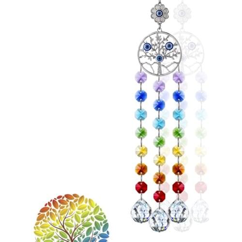 H&D Crystal Tree of Life Suncatcher Ornament with Evil Eye Protection Amulet Stained Glass Beads Window Garden Hanging Decor