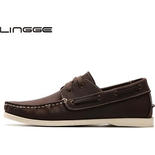 LINGGE Classic 2-eyelet Boat Shoes Full Grain Mens Leather Shoes Flats Mens Boat Shoes Brand Casual Shoes #3832-6