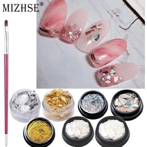 MIZHSE Colorful Pearl Light Nail SeaShell Slices With Brush Glitter Line Tape Sticker Flakes Sequins Powder Gold Foil Nail Art