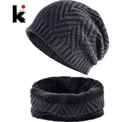 Mens Hat And Scarf Sets Winter Knitted Thick Bonnet Caps Men Add Velvet Beanies Hats Scarves Set Knitting Warm Skullies Gorro