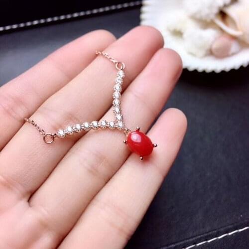 Natural red coral Pendant necklace S925 silver Natural gemstone necklace Fashion triangle round water drop girl gift jewelery
