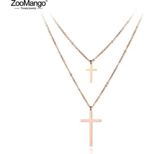ZooMango Bohemia Titanium Stainless Steel Double-layered Cross Charm Choker Necklaces Pendant Chain Jewelry For Women ZN19080