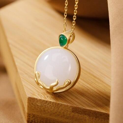 Natural 925 sterling silver gilded inlaid hetian white jade round pendant necklace jade pendants necklaces for men women