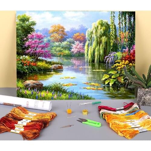 Landscape Nature Printed Canvas 11CT Cross Stitch Embroidery Complete Kit DMC Threads Handicraft Handiwork Needlework Magic