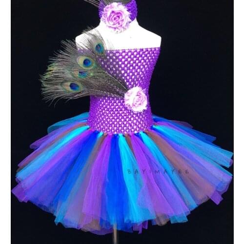 Girls Peacock Feather Tutu Dress Baby Crochet Flower Tulle Dress Ballet Tutus with Headband Kids Birthday Party Costume Dresses