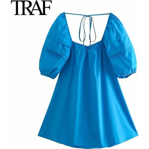 Traf Za Women Fashion Bubble Sleeve Dress Summer Blue Poplin Dress Loose A-line Skirt Bow Bandage Dresses Vestidos Mujer