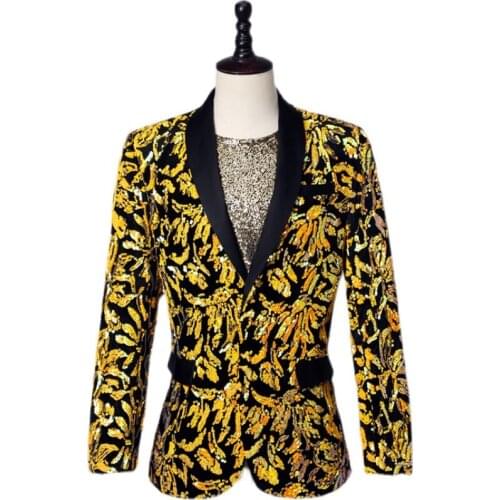 Stage Costumes For Singers Mens Youth Plus Size Plants And Flowers Suits Hip-hop Gold Color Matching Dancing Sequined Blazer