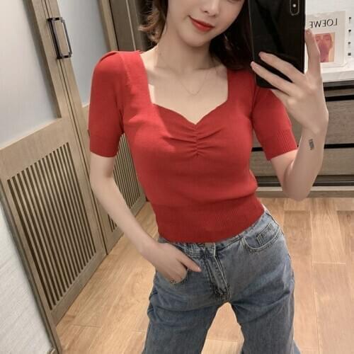 Sexy Slim Knitted T Shirts Tops Women Square Collar Short Summer Pleated T-shirt