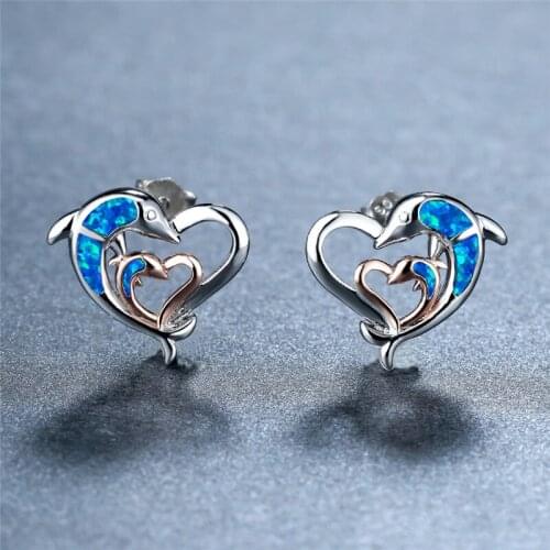 Classic Rose Gold Silver Color Earrings Cute Animal Double Dolphin Stud Earrings Blue Opal Love Heart Earrings For Women Wedding
