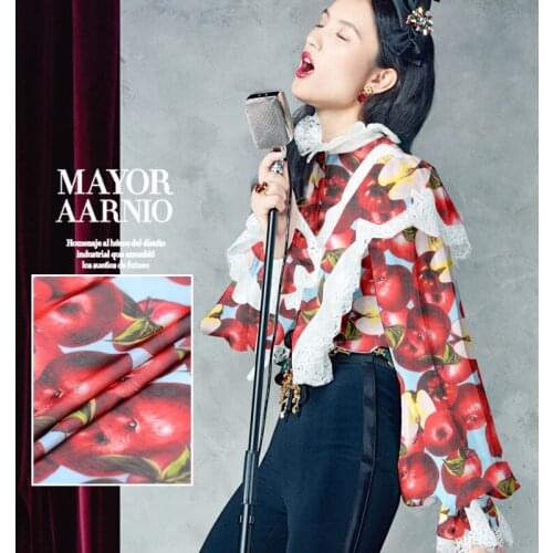 1 Meter Red Apple Orchard Silk Chiffon Spring/summer Printing Tulle Fabric worm Cloth Garment