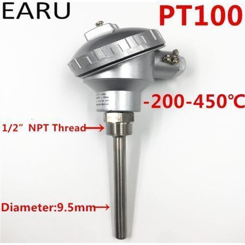 1pc RTD PT100 Temperature Sensors 9.5*100mm Long Probe with 1/2" NPT Threads Terminal Head -50~450C Thermocouple Custom-Made OEM