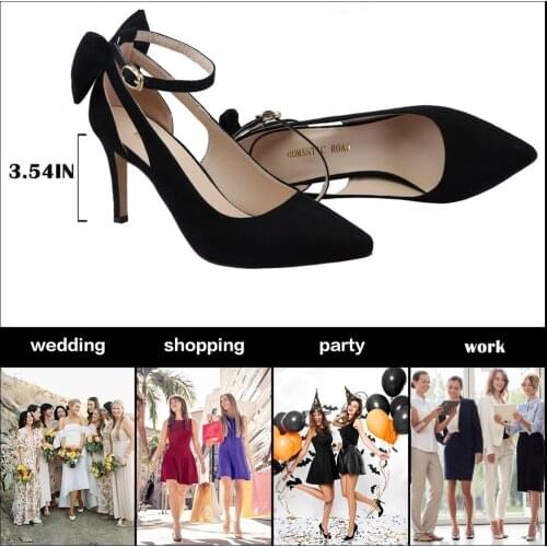 Womens Pumps Ankle Strap Sandals Slingback Bow High Heels Kitten 9cm Pointed Toe Heel Party Wedding Dress Comfortable Shoes