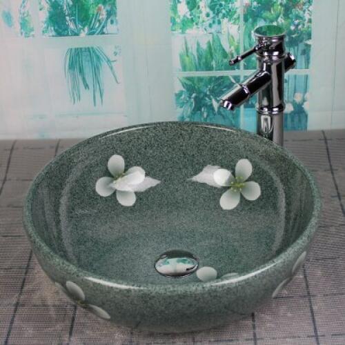 Bathroom Artistic Ceramic Vessel Sink Bowl Faucet & Pop-up Drain Combo AB218