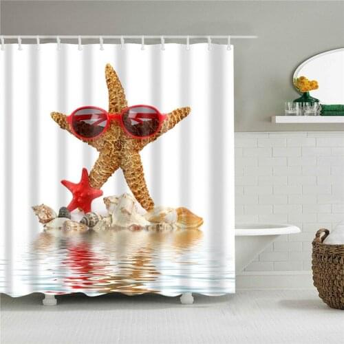 Windmill Seaside Scenery Shell Beach Scenic Bathroom Shower Curtain Frabic Waterproof Polyester Bathroom Curtain with Hooks