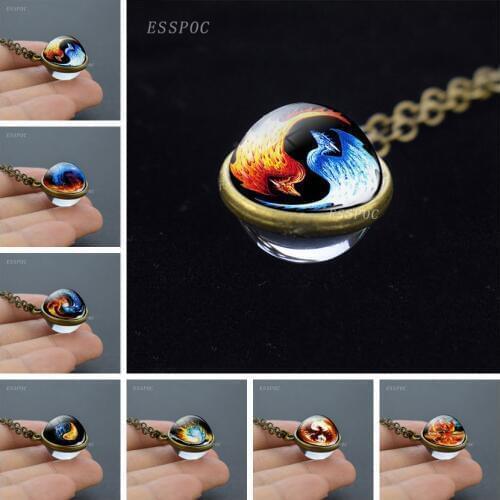 Women Fashion Glass Ball Necklace Water and Fire Phoenix Pendant Bronze Chain Necklace Sweater Chain Necklace