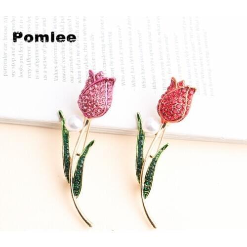 Pomlee Rhinestone Rose Flower Brooches For Women Lady Fashion Luxury Flower Pin Spring Summer Design 2 Colors Available Gift