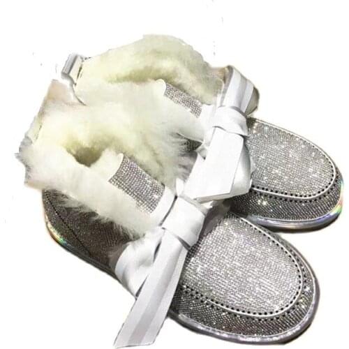 New Fashion Winter Water Rhinestones Sheepskin Fur Integrated Short Barrel Shoes Women Warm Anti-fouling Cotton Snow Boots