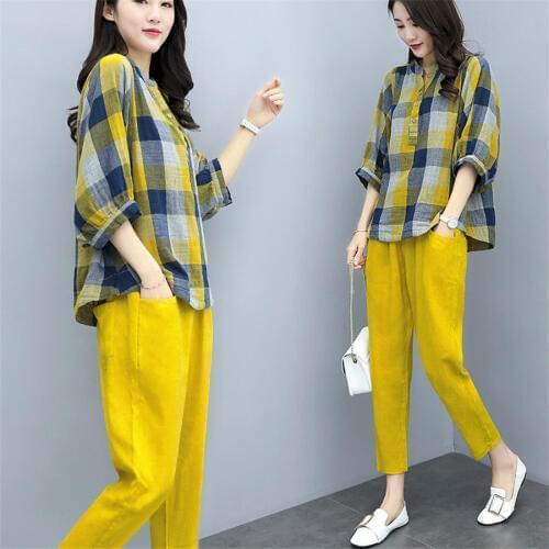 S-3xl Spring Summer Yellow Two Piece Sets Women Plus Size Plaid Blouses Shirts And Pants Suits Casual Fashion Elegant Korean Set