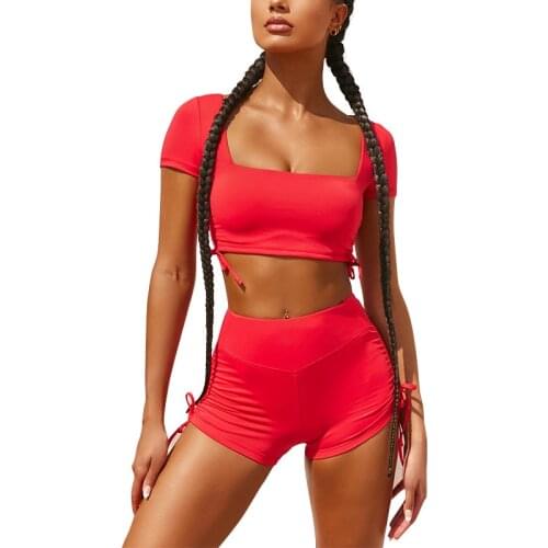 Vamos Todos 21 Summer Crop Tank Women Sets Shirring Solid Vest Camis Red Hot Sports Shorts Fitness Yoga Leggings Sexy Outsuits