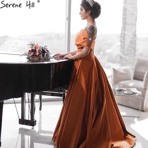 Serene Hill Satin Orange Sexy Evening Gown For Women 2021 Dubai A-Line One shoulder Beaded Formal Party Dress CLA70733