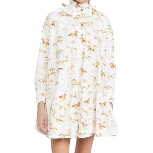 Womens Dress Horse Print Ruffles Long Sleeve Loose Ladies Mini Robes with Buttons 2021 Spring Summer Girls Dress