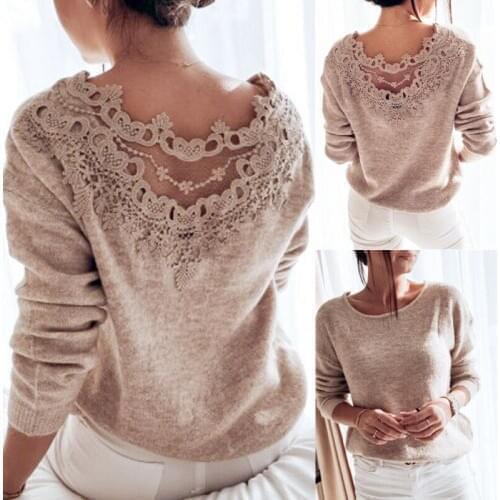 Winter Womens Sweaters Pullover Elegant Lace Backless Long Sleeve Jumper Top Knitted Sweater Female Ladies Womens Clothes