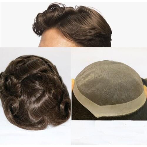 6inch Mens Toupee Lace With PU Wig Brown Brazilian Remy Hair Replacement System Human Hairpieces Toupee For Men