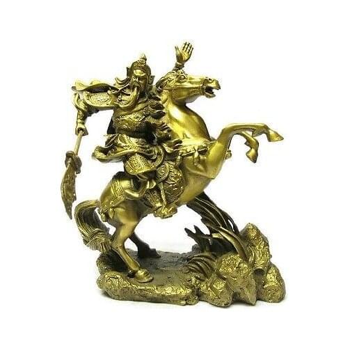 Crafts Arts bronze brass Dragon Warrior Guan Gong/ Yu on horse Statue 7"H Gold copper tools wedding Brass Bronze