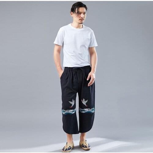 Crane Printed Summer 2021 Mens Pants New Products Chinese Style Double Cotton Linen Casual Elegant Loose Embroidered Cropped