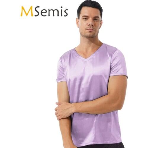 Men Male V Neck Short Sleeve Satin Casual T-Shirt Loose Pajamas Tops Solid Color Loungewear Sleepwear Nightwear