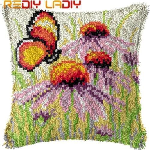 Latch Hook Cushion Butterfly Pre-Printed Canvas Cushion Front Acrylic Yarn Crochet Pillow Case Kits Sofa Bed Pillow Home Decor