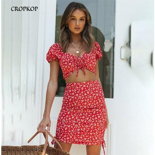 Summer Two Piece Set Women Skirt Sexy Floral Puff Sleeve Lace-up Crop Top Casual Ruched Mini Skirt Beach Outfit Fashion Suit