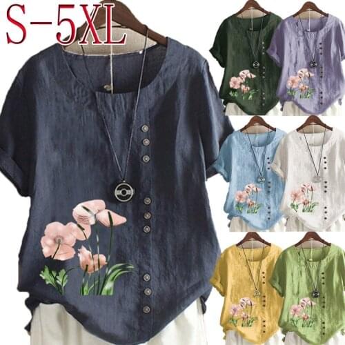 Summer Womens Casual Floral Print Loose T-shirt Retro Cotton and Linen O-neck Plus Size Short-sleeved Womens Top S-5XL