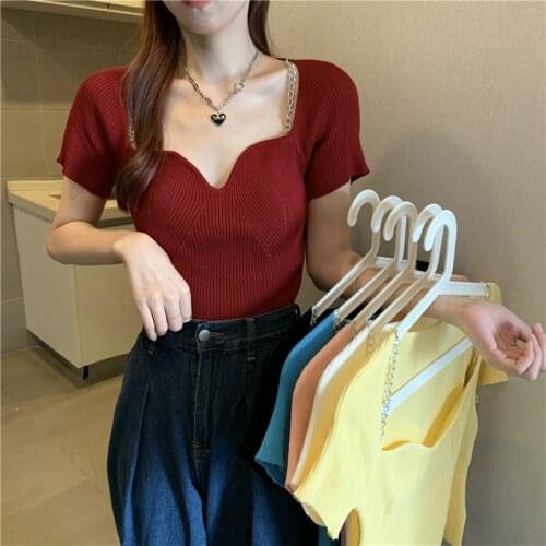 V-Neck Chain Ladies Tanks Women Knitted Slim 2021 Short Sleeve Summer Womens Tank Top Woman Blouse Shirt Vest Fashion Crop Top
