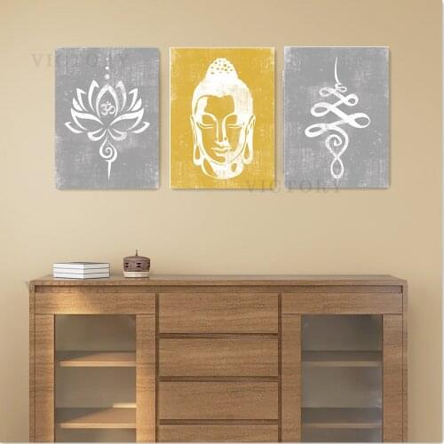 Buddha Wall Art Zen Canvas Painting Grey Yellow Posters for Rustic Yoga Bedroom Living Room Lotus Modern Home Decor Picture