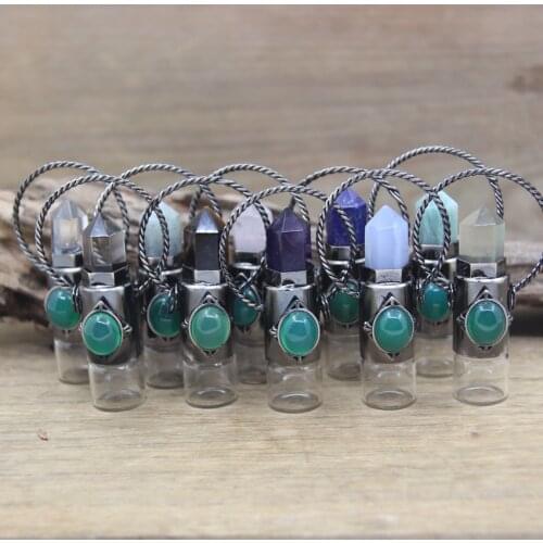 Natural Crystal Essential Oil Roller Vial Pendant Necklaces Gunmetal Gems Point Perfume Bottle Charm Aromatherapy Jewelry QC1028