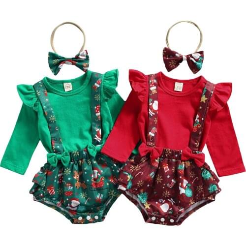 Citgeett Autumn Christmas Infant Baby Girls Clothes Set Long Sleeve Tops Printed Pattern Suspender Bloomers and Headdress Set