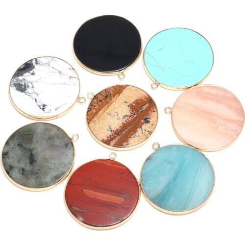 Natural Stone Agates Pendant Disc Shape Aventurine Jades Turquoises Pendants For Jewelry Making DIY Charm Necklace Size 40x45mm