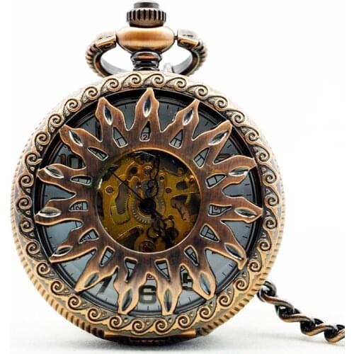 Retro Bronze Steampunk Gear Hand Wind Mechanical Pocket Watches Skeleton Hollow Hand Fob Chain Watches Men Roman Numberals Clock