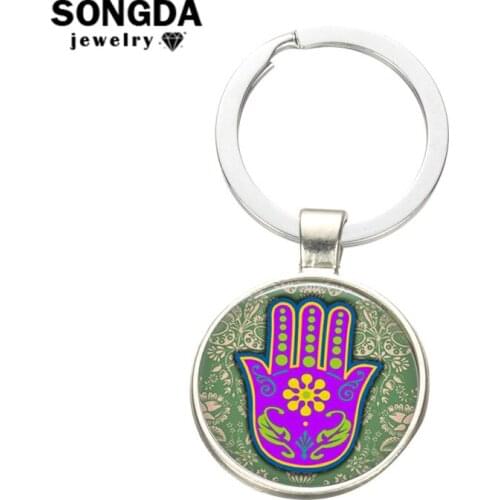 SONGDA 2018 Classic Hamsa Fatima Hand Keychain Hippie Evil Eye Flower Shape Alloy Key Ring Statement Luck Amulet Keyring Llavero