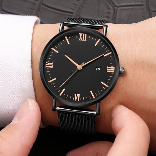 Ultra Thin black Luxury Fashion Mens Minimalist Watches Stainless Steel Mesh Band Watch Men Business Casual Analog Quartz clock
